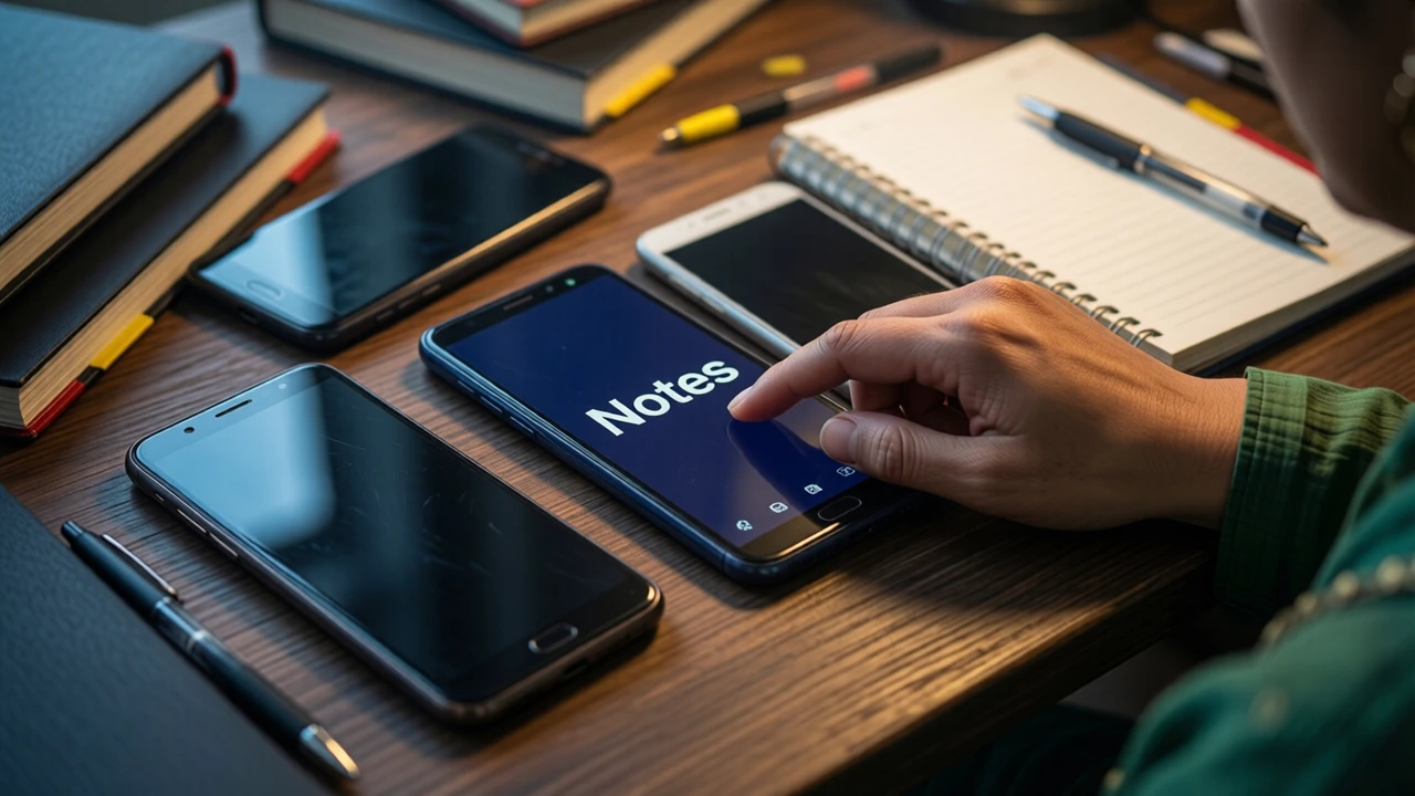 Overhead view of a cluttered study table: three phones lie face up in a row next to an open spiral notebook and a ballpoint pen, and a woman's hand in a green kurta sleeve taps the middle Android phone. Its screen shows the large white word "Notes" on deep navy