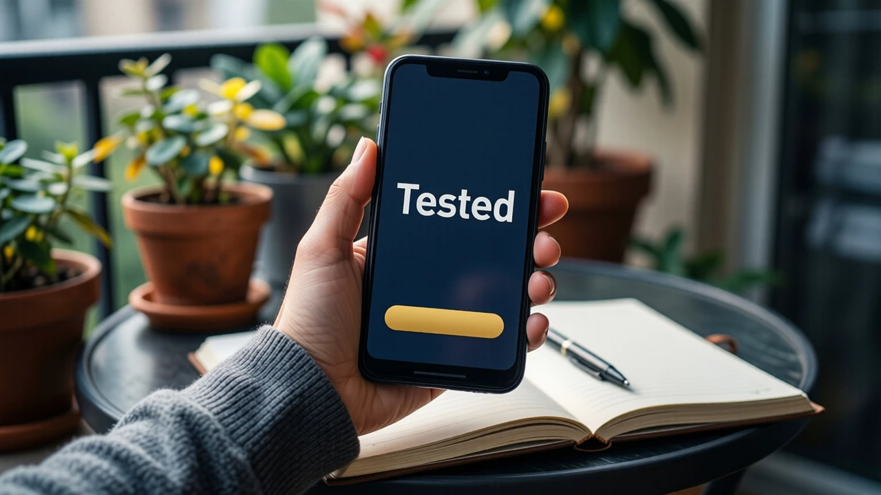 Close-up of a woman's hand in a grey cardigan sleeve holding an Android phone just above an open notebook and a pen on a small balcony table, potted plants softly blurred behind, only the hand and the phone in the frame. The phone screen shows the large white word "Tested" above one wide gold button on deep navy