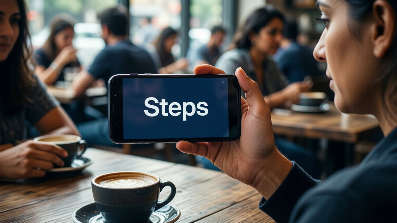 An Indian woman in her late twenties at a busy cafe table in daylight, seen from the side, holding her own Android phone out toward us at arm's length so the screen fills the foreground, a coffee cup on the table, only one person and one hand in the picture. The phone screen shows the large white word "Steps" on deep navy