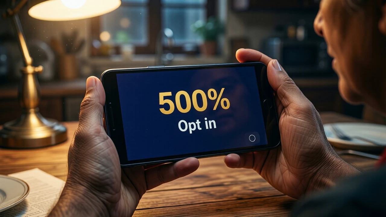 An Indian woman in her fifties at a kitchen table in warm lamp light, holding an Android phone in both hands with the screen turned toward us and filling much of the frame. The screen shows the large gold number "500%" printed flat above the white words "Opt in" on deep navy