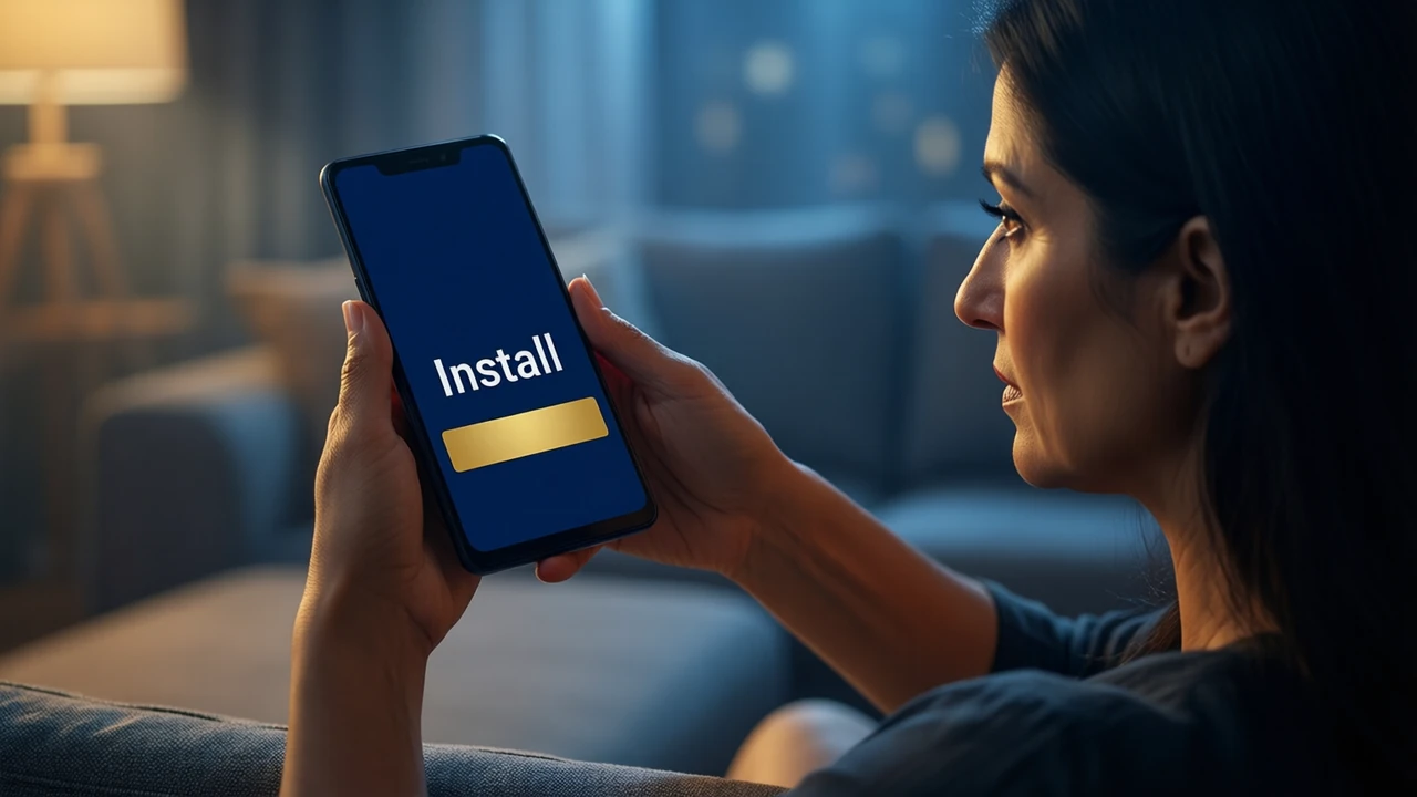An Indian woman in her thirties sitting on a sofa at night, seen from the side, holding her own Android phone out toward us at arm's length so the screen fills the foreground. The phone screen shows the large white word "Install" above one wide gold button on deep navy, only one person and one hand in the picture.