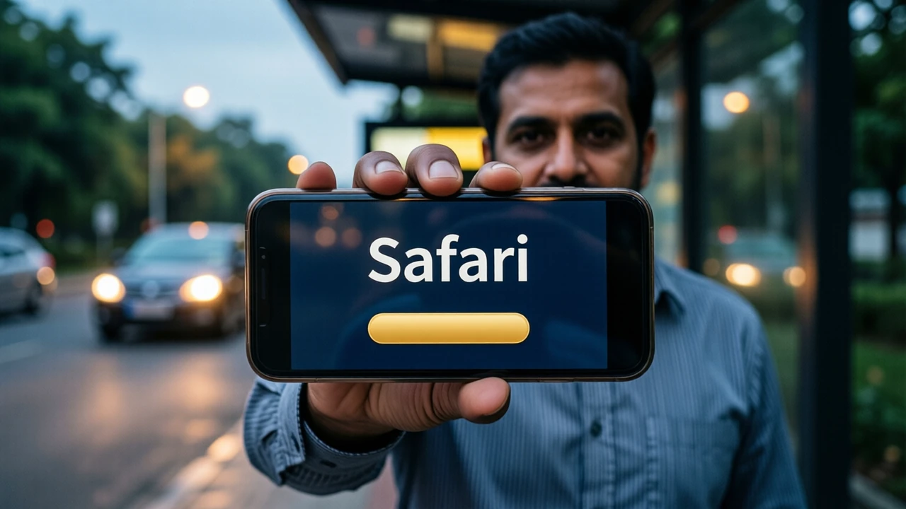 An Indian man in his forties in an office shirt waiting under a bus shelter roof at dusk, headlights blurred behind him, holds an iPhone out in front of him with its screen turned to us. The screen shows the large white word "Safari" above one wide gold button on deep navy