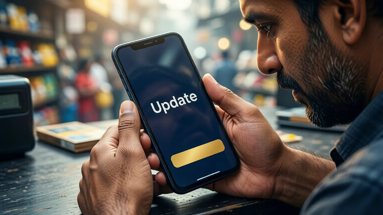 A middle-aged Indian man at a shop counter in daylight, looking down at the Android phone in his hand, the phone screen tilted toward us and filling most of the frame. The screen shows the large white word "Update" above one wide gold button on deep navy