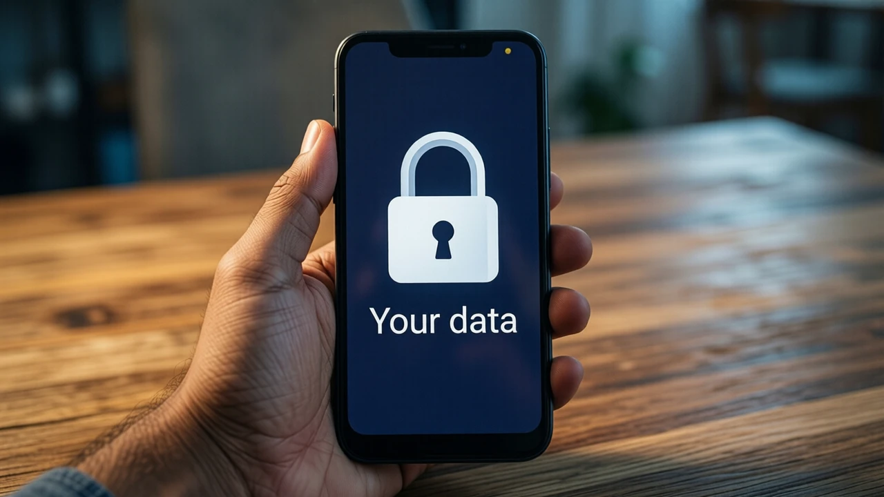 Close-up of an Indian man's hand holding an Android phone over a wooden table, the screen facing us and filling most of the frame. The screen shows a large white closed padlock, its shackle locked shut, above the white words "Your data" on deep navy