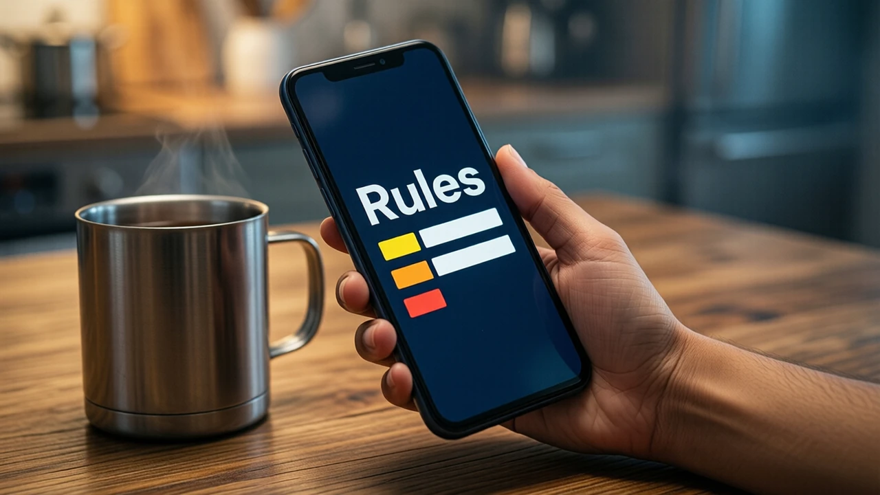 An Indian woman's hand holding an Android phone just above a wooden kitchen counter, a steel tumbler of tea beside it, the screen tilted toward us and large in the frame. The screen shows the large white word "Rules" above three short white bars on deep navy